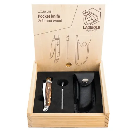 Nóż kieszonkowy Laguiole z rękojeścią z drewna zebrano, czarną pochewką i ostrzałką